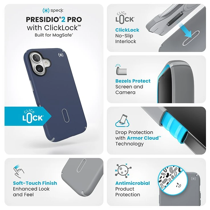Dėklas Speck Presidio2 Pro ClickLock & MagSafe do iPhone 16 tamsiai mėlyna