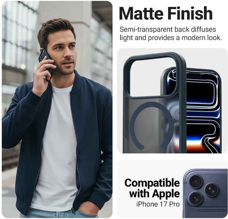 Dėklas iPhone 17 Pro Crong Hybrid Matte Magnetic, tamsiai mėlynas