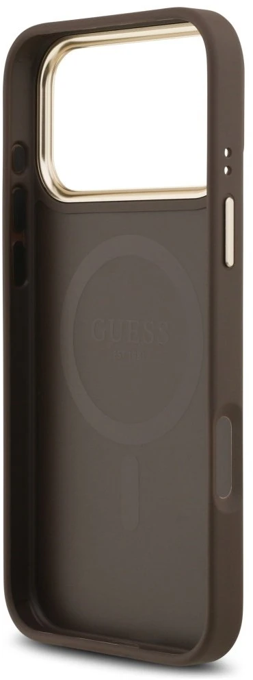 Guess PU Leather 4G Gold Frame MagSafe dėklas skirtas Apple iPhone 17 Pro Max rudos spalvos