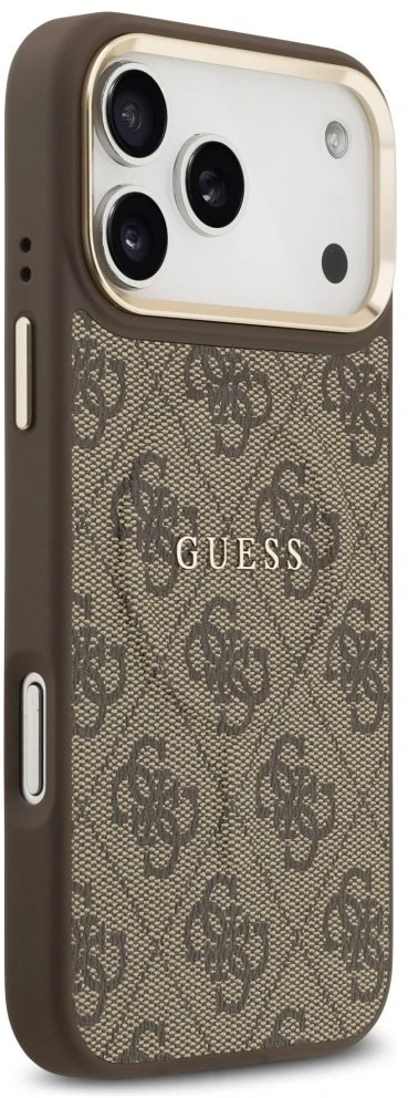 Guess PU Leather 4G Gold Frame MagSafe dėklas skirtas Apple iPhone 17 Pro Max rudos spalvos
