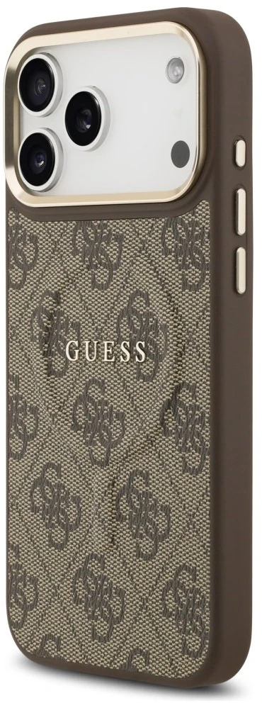 Guess PU Leather 4G Gold Frame MagSafe dėklas skirtas Apple iPhone 17 Pro Max rudos spalvos