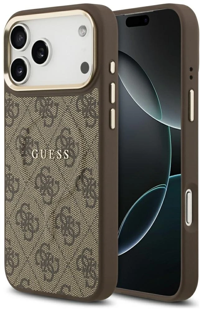 Guess PU Leather 4G Gold Frame MagSafe dėklas skirtas Apple iPhone 17 Pro Max rudos spalvos