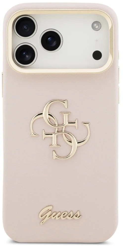Guess PU Grained 4G Logo Stand Camera Frame dėklas skirtas Apple iPhone 17 Pro Max rožinės spalvos