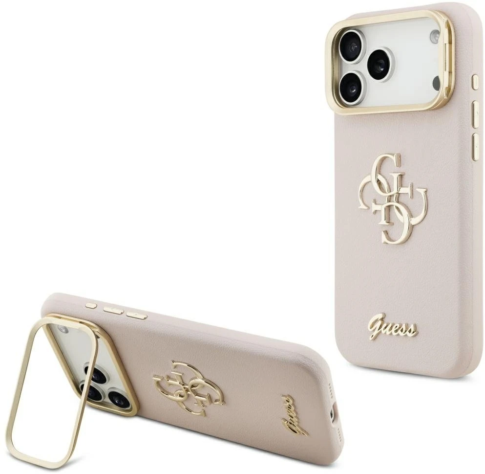 Guess PU Grained 4G Logo Stand Camera Frame dėklas skirtas Apple iPhone 17 Pro Max rožinės spalvos