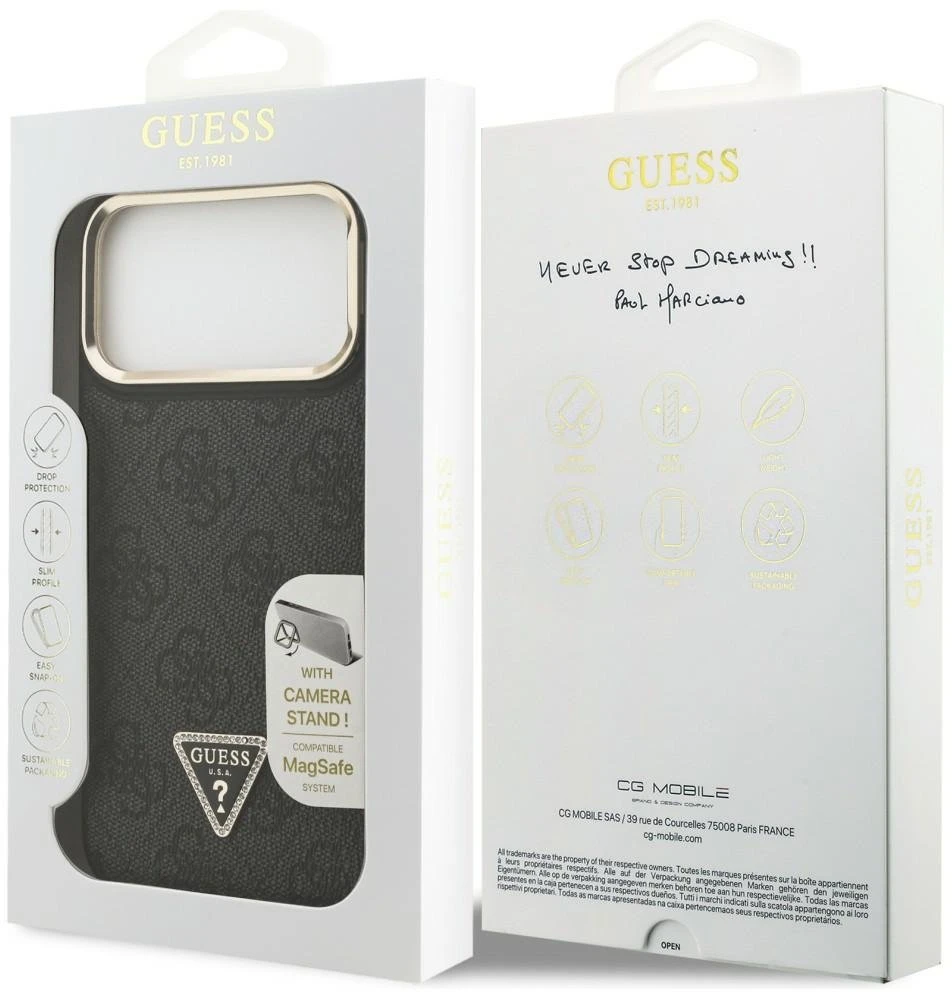 Dėklas Guess 4G PU Triangle Logo & Stand Camera Magsafe Apple iPhone 17 Pro Max juodos spalvos