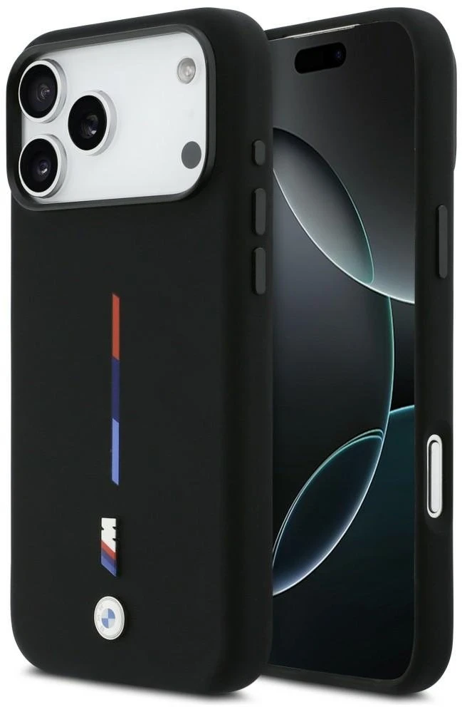 BMW M Silicon Tricolor Line MagSafe dėklas skirtas Apple iPhone 17 Pro Max juodos spalvos
