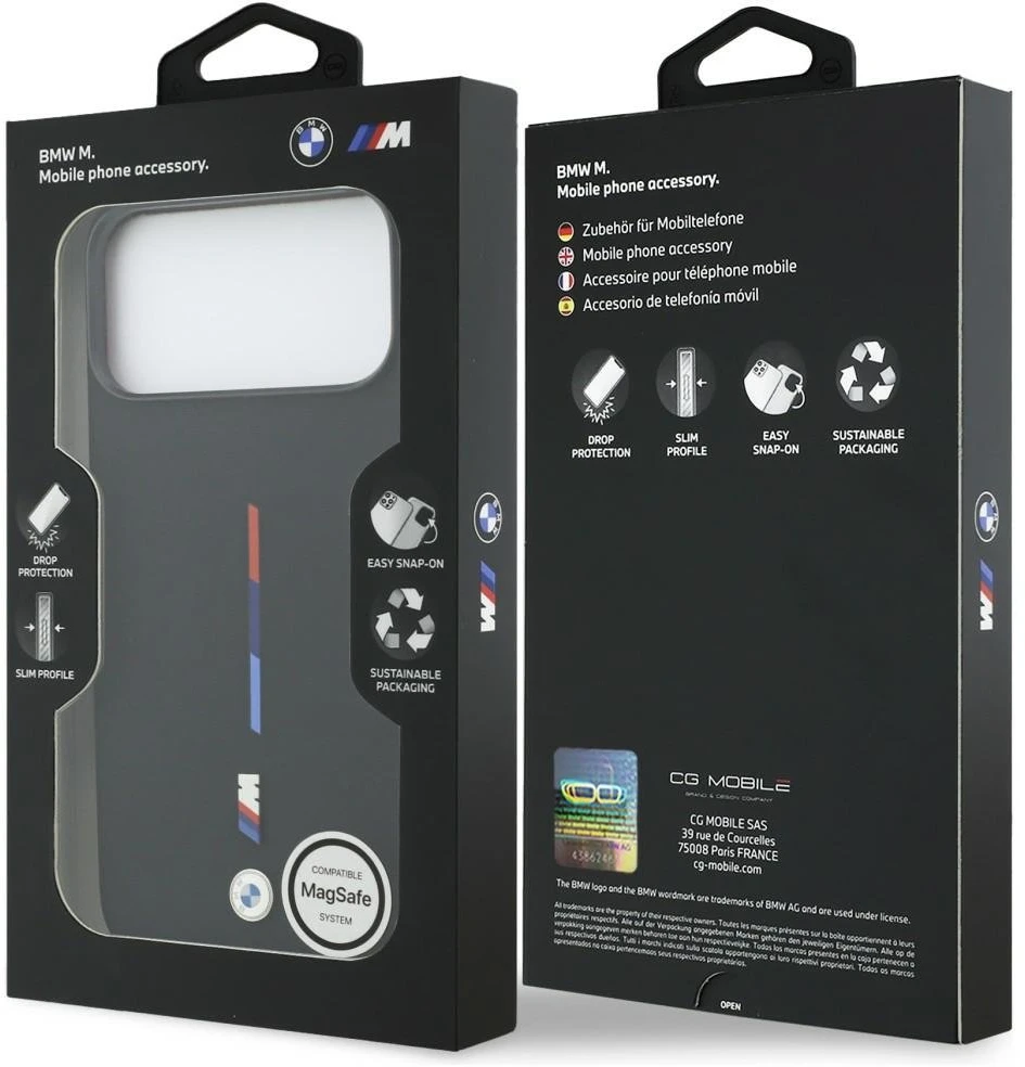BMW M Silicon Tricolor Line MagSafe dėklas skirtas Apple iPhone 17 Pro Max juodos spalvos