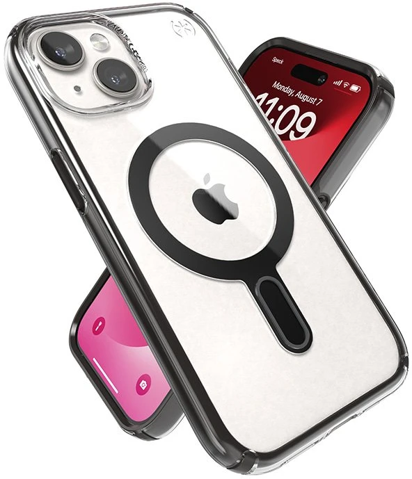 Dėklas Speck Presidio Perfect-Clear ClickLock & Magsafe do iPhone 15 / iPhone 14 / iPhone 13 (Clear / Frosted Juodas / Slate Pilkas)