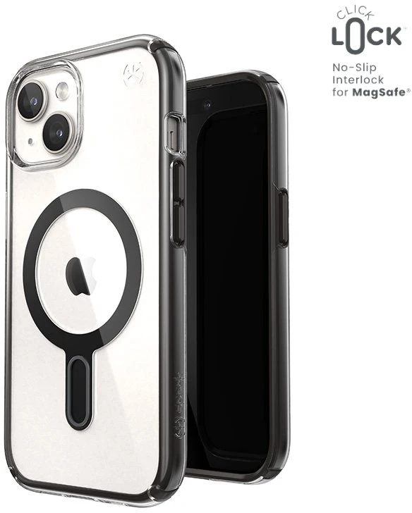 Dėklas Speck Presidio Perfect-Clear ClickLock & Magsafe do iPhone 15 / iPhone 14 / iPhone 13 (Clear / Frosted Juodas / Slate Pilkas)