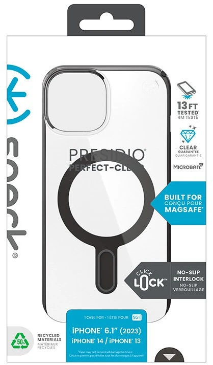 Dėklas Speck Presidio Perfect-Clear ClickLock & Magsafe do iPhone 15 / iPhone 14 / iPhone 13 (Clear / Frosted Juodas / Slate Pilkas)