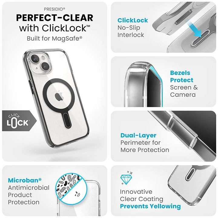 Dėklas Speck Presidio Perfect-Clear ClickLock & Magsafe do iPhone 15 / iPhone 14 / iPhone 13 (Clear / Frosted Juodas / Slate Pilkas)
