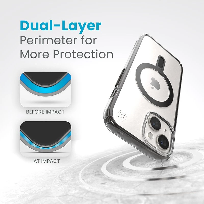 Dėklas Speck Presidio Perfect-Clear ClickLock & Magsafe do iPhone 15 / iPhone 14 / iPhone 13 (Clear / Frosted Juodas / Slate Pilkas)