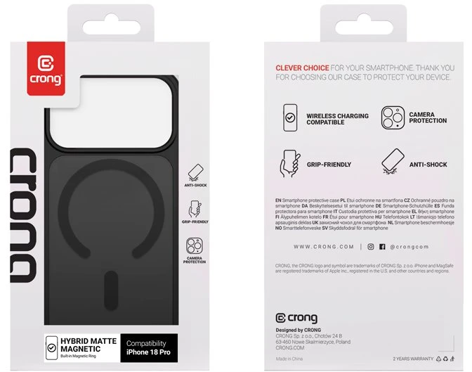 Dėklas iPhone 18 Pro / 17 Pro Crong Hybrid Matte Magnetic, juodas