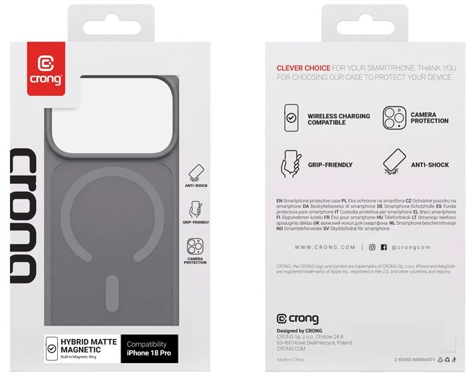 Dėklas iPhone 18 Pro / 17 Pro Crong Hybrid Matte Magnetic su MagSafe, pilkas