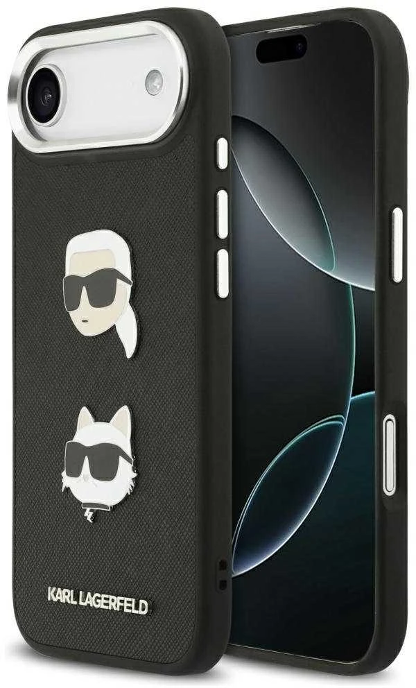 Karl Lagerfeld FW Grained Karl & Choupette Heads Pins & Logo Dėklas Apple iPhone Air juodos spalvos