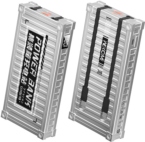 „WEKOME WP-339 Container“ serija – 10000 mAh išorinė baterija su itin greitu įkrovimu ir integruotu USB-C bei „Lightning PD 20W“ laidu + QC 22,5 W (Sidabrinis)