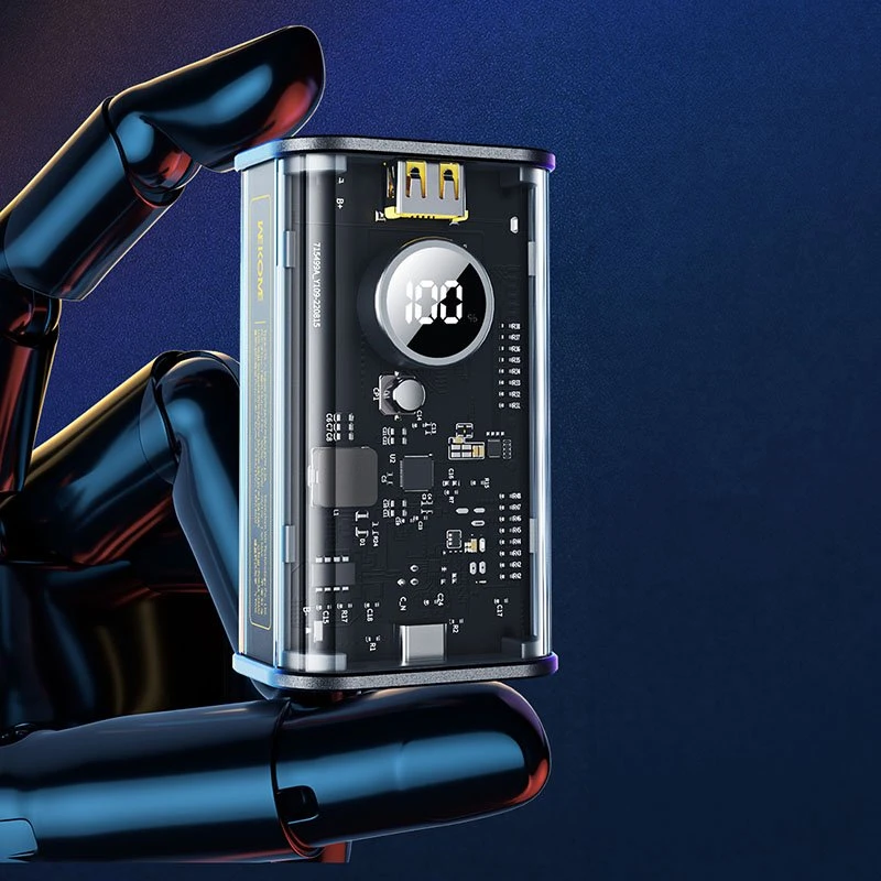 „WEKOME WP-345 Vanguard“ serijos – 10000 mAh įkroviklis su greitu įkrovimu, integruotu USB-C ir „Lightning PD 20W“ laidu + QC 22,5 W juodos spalvos