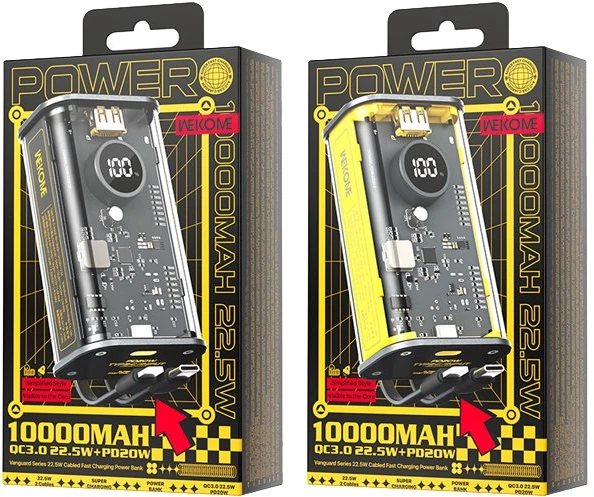 „WEKOME WP-345 Vanguard“ serijos – 10000 mAh įkroviklis su greitu įkrovimu, integruotu USB-C ir „Lightning PD 20W“ laidu + QC 22,5 W juodos spalvos