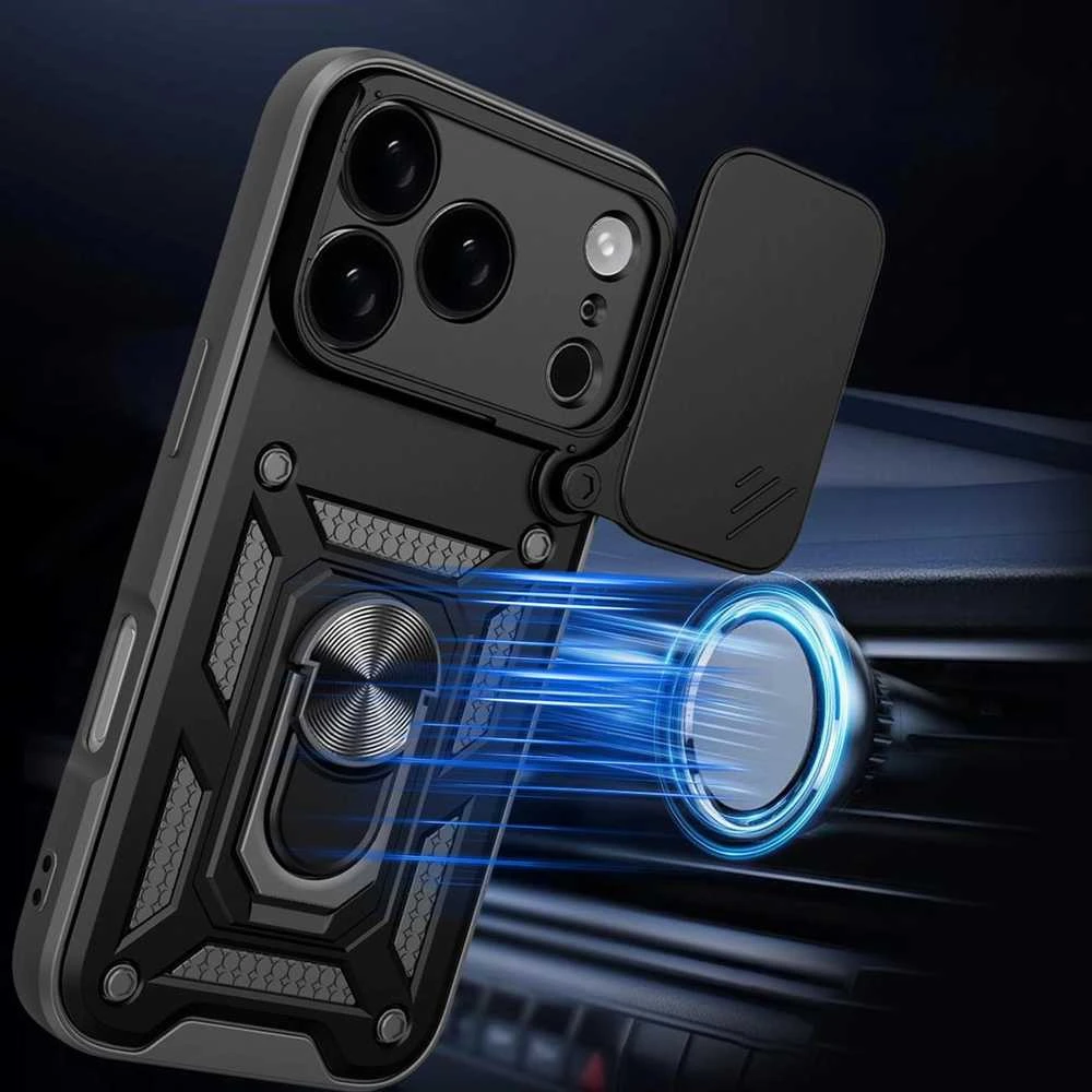 Hurtel Dėklas Hybrid Armor Camshield skirtas Apple iPhone 17 Pro Max šarvuotas su stoveliu ir kameros apsauga – juodos spalvos