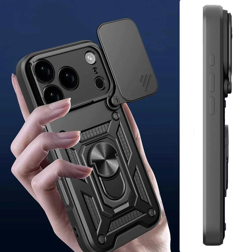 Hurtel Dėklas Hybrid Armor Camshield skirtas Apple iPhone 17 Pro Max šarvuotas su stoveliu ir kameros apsauga – juodos spalvos