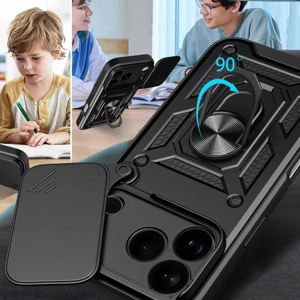 Hurtel Dėklas Hybrid Armor Camshield skirtas Apple iPhone 17 Pro Max šarvuotas su stoveliu ir kameros apsauga – juodos spalvos