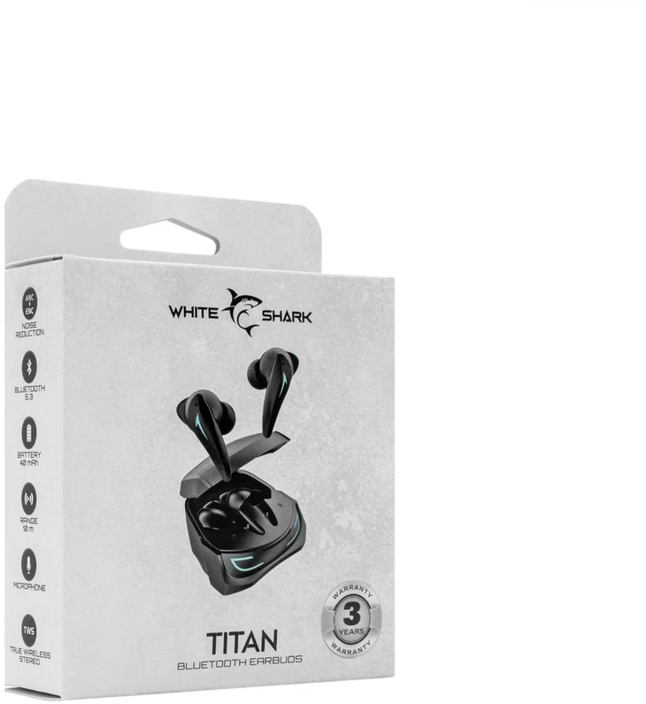 Dėklas Juodos belaidės į ausį įdedamos ausinės Baltas Shark TITAN GEB-TWS96 su ANC