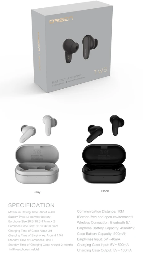 Juodos belaidės „Orsen T3“ Bluetooth ausinės