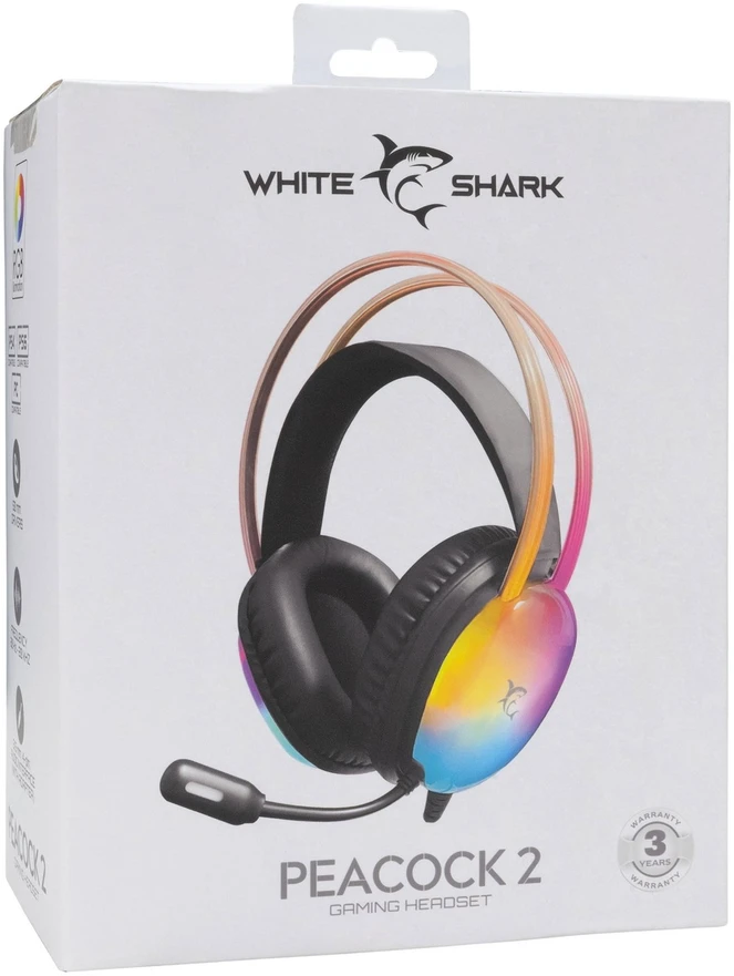 Dėklas Juodos žaidimų ausinės Baltas Shark Peacock-2 su RGB apšvietimu