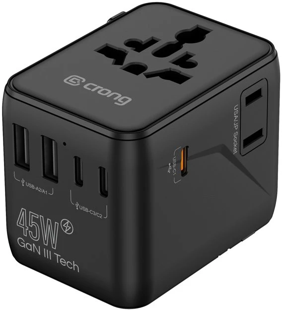 Kelioninis adapteris Crong One World 45 W, juodas