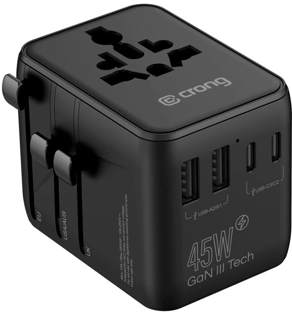 Kelioninis adapteris Crong One World 45 W, juodas