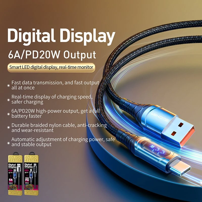 „WEKOME WDC-166 Sakin“ serijos USB-A į „Lightning“ 6A greito įkrovimo 1 m jungiamasis laidas, patamsėjęs