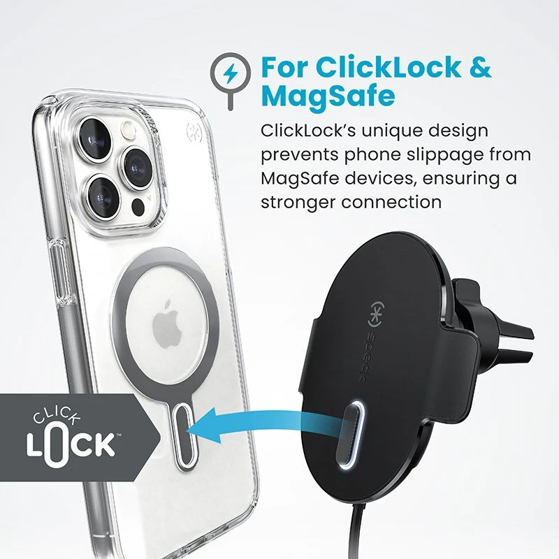 Speck Įkrovimo ventiliacijos laikiklis + ClickLock – automobilinis laikiklis su belaidžiu MagSafe įkrovimu, juodos spalvos