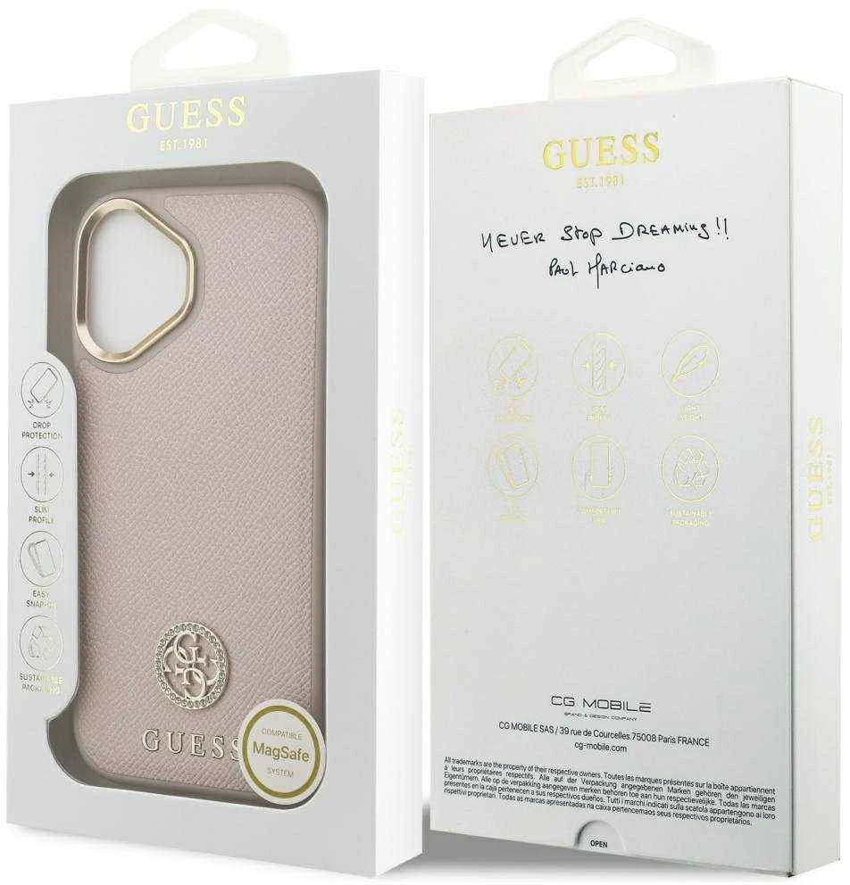 GUESS dėklas, skirtas IPHONE 17, suderinamas su „MagSafe“ GUHMP17SPGCRMDEP (PU su grūdėtu juodu logotipu), rožinis