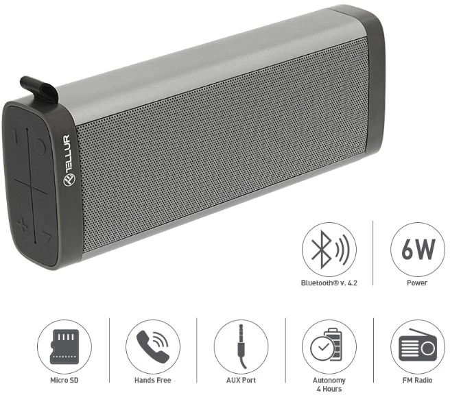 Nešiojamas Bluetooth garsiakalbis Tellur Selene, pilkas