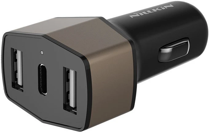 Dėklas Nillkin Celerity automobilinis įkroviklis - 2x USB-A + 1x USB-C, 32W aukso spalvos