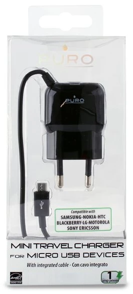 PURO Mini kelioninis įkroviklis - Portable laidinis įkroviklis su Micro USB Cable juodos spalvos