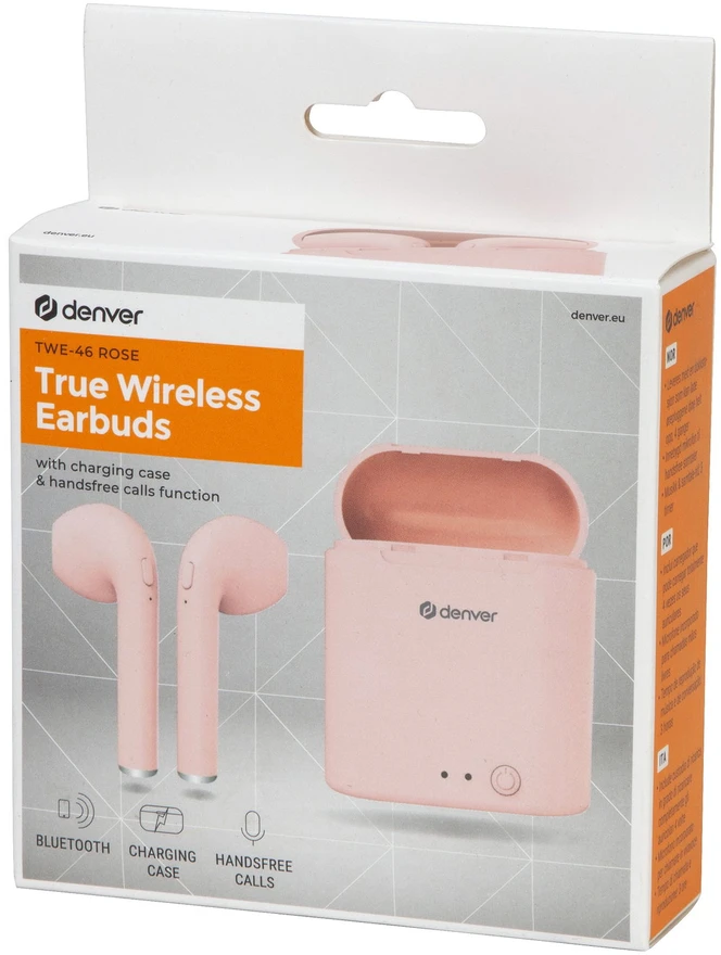 Dėklas Rožinės tikrai belaidės Bluetooth ausinės Denver TWE-46 su mikrofonu