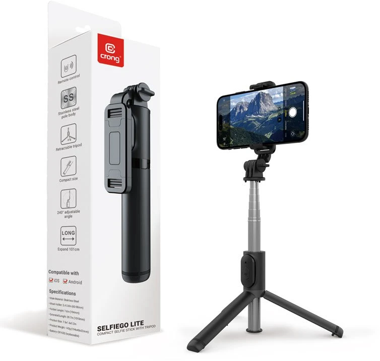 Stovas „Crong SelfieGo Lite“ – kompaktiškas „Bluetooth“ asmenukių lazdos trikojis (juodas)