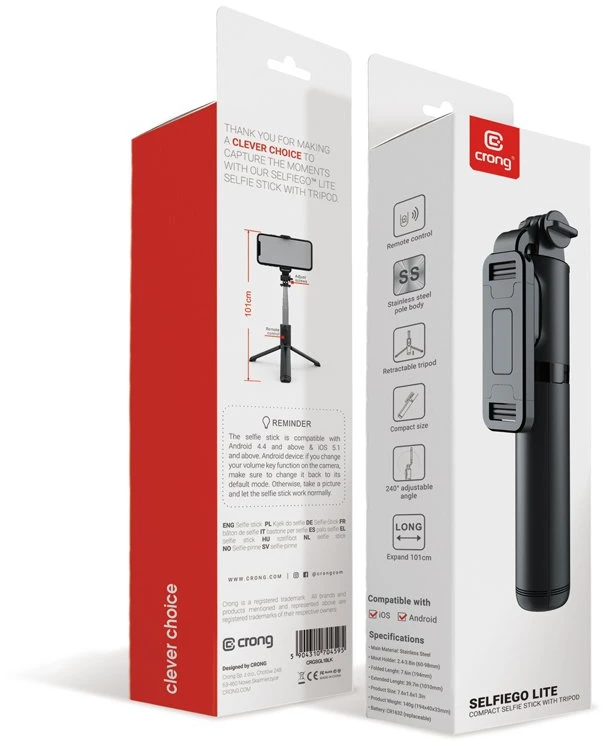 Stovas „Crong SelfieGo Lite“ – kompaktiškas „Bluetooth“ asmenukių lazdos trikojis (juodas)
