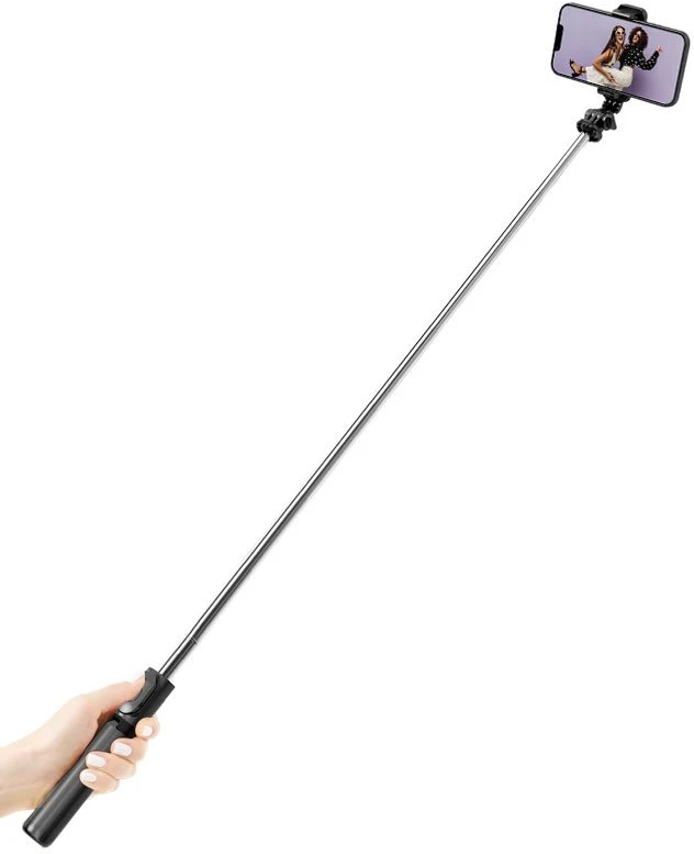 Stovas „Crong SelfieGo Lite“ – kompaktiškas „Bluetooth“ asmenukių lazdos trikojis (juodas)