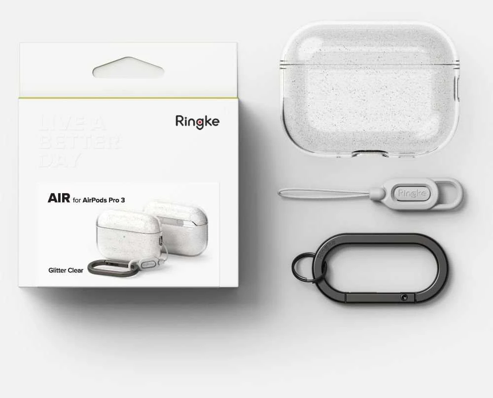 „Ringke AirPods Pro 3“ dėklas, blizgus ir skaidrus