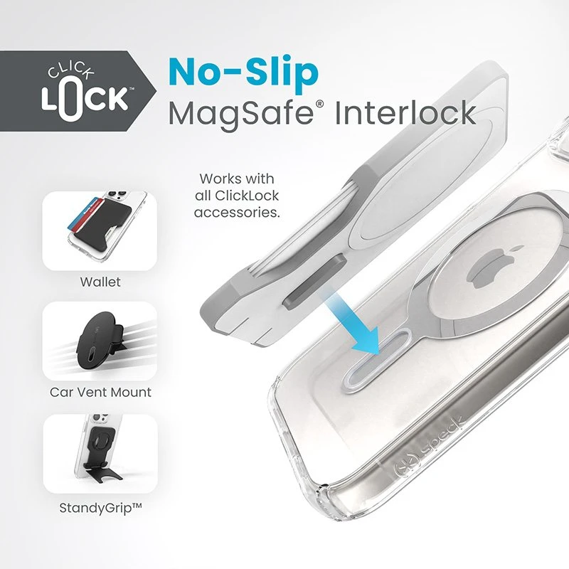 Dėklas Speck Presidio Perfect-Clear ClickLock & Magsafe do iPhone 15 / iPhone 14 / iPhone 13 (Clear / Chrome Finish / Serene Sidabrinis)