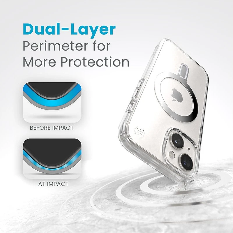 Dėklas Speck Presidio Perfect-Clear ClickLock & Magsafe do iPhone 15 / iPhone 14 / iPhone 13 (Clear / Chrome Finish / Serene Sidabrinis)