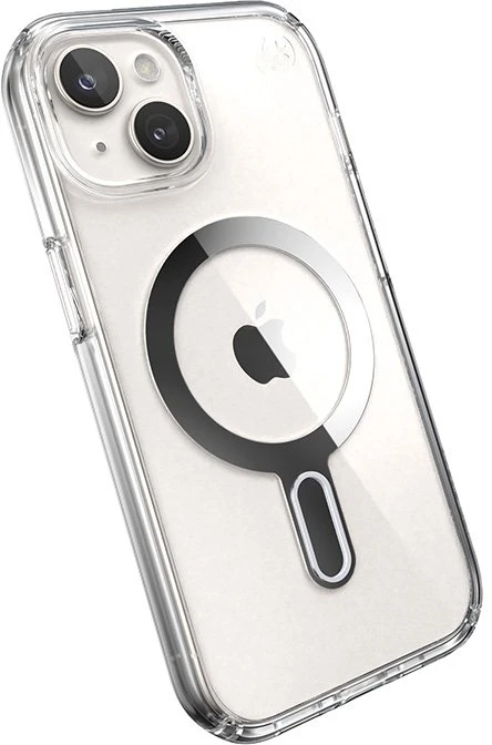 Dėklas Speck Presidio Perfect-Clear ClickLock & Magsafe do iPhone 15 / iPhone 14 / iPhone 13 (Clear / Chrome Finish / Serene Sidabrinis)