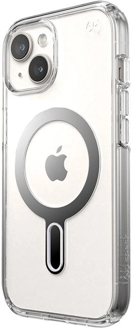 Dėklas Speck Presidio Perfect-Clear ClickLock & Magsafe do iPhone 15 / iPhone 14 / iPhone 13 (Clear / Chrome Finish / Serene Sidabrinis)
