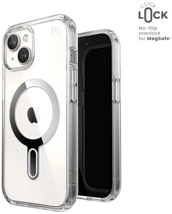Dėklas Speck Presidio Perfect-Clear ClickLock & Magsafe do iPhone 15 / iPhone 14 / iPhone 13 (Clear / Chrome Finish / Serene Sidabrinis)