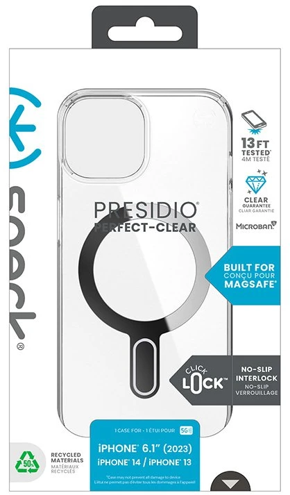 Dėklas Speck Presidio Perfect-Clear ClickLock & Magsafe do iPhone 15 / iPhone 14 / iPhone 13 (Clear / Chrome Finish / Serene Sidabrinis)