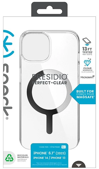 Speck Presidio Perfect-Clear MagSafe - dėklas skirtas Apple iPhone 16e / Apple iPhone 15 / Apple iPhone 14 / Apple iPhone 13 Clear / Chrome Finish / Serene Sidabrinis