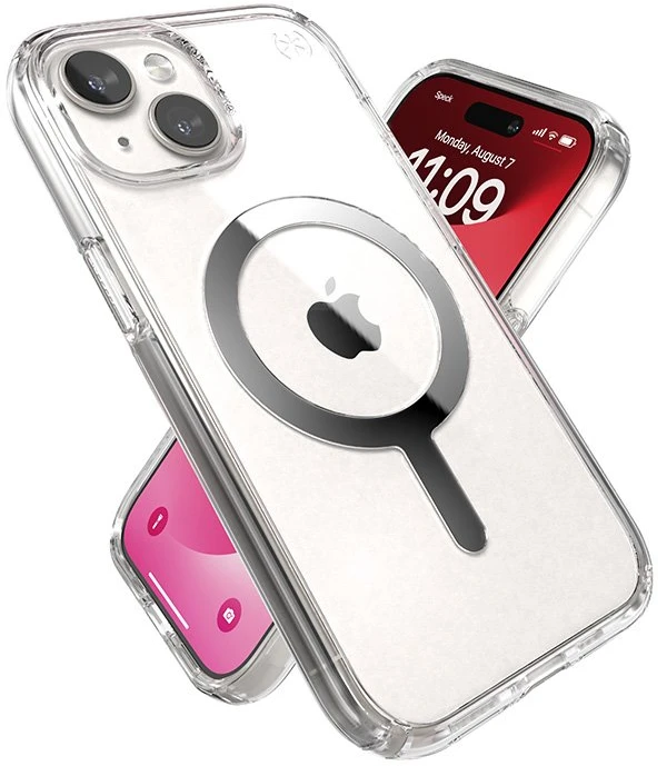 Speck Presidio Perfect-Clear MagSafe - dėklas skirtas Apple iPhone 16e / Apple iPhone 15 / Apple iPhone 14 / Apple iPhone 13 Clear / Chrome Finish / Serene Sidabrinis
