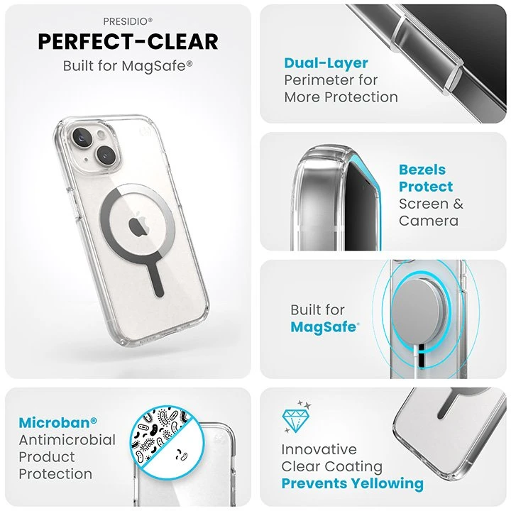 Speck Presidio Perfect-Clear MagSafe - dėklas skirtas Apple iPhone 16e / Apple iPhone 15 / Apple iPhone 14 / Apple iPhone 13 Clear / Chrome Finish / Serene Sidabrinis
